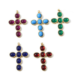 (52) Непрозрачная лаванда Латунные стеклянные большие подвески, крест прелести, долговечный, без кадмия и без свинца, реальный 18 k позолоченный, разноцветные, 55x37.5x6 мм, отверстие : 3.5x3 мм