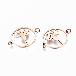 Rose Gold 304 Stainless Steel Links Connectors, Laser Cut, Flat Round with Cat, Rose Gold, 14x17x1mm, Jump Ring: 3x0.4mm, 2.2mm inner diameter