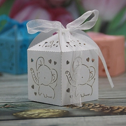 Blanc Boîtes à bonbons pliantes en carton, boîte d'emballage de cadeau de mariage, avec ruban, rectangle avec éléphant, blanc, 5x5x7.5 cm