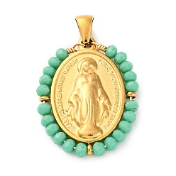 Средний Весенно-Зеленый Ионное покрытие (ip) 304 овальные подвески из нержавеющей стали в форме граненого ронделя с травяным покрытием, прелести девы марии, реальный 18 k позолоченный, средний весенний зеленый, 29x23x4 мм, отверстие : 5x3 мм