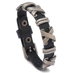 Black Cowhide Leather Cord Bracelet with Alloy Criss Cross Beaded, Adjustable Bracelet, Black, 9-1/2 inch(24cm)