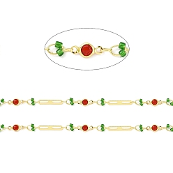 Green Real 18K Gold Plated Brass Oval & Flat Round Link Chains, with Glass Beaded, Soldered, with Spool, Lead Free & Cadmium Free & Nickel Free, Green, 10x4.5x1.7mm, 15x2.5x0.3mm