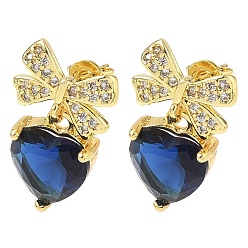 Azul Medio Pendientes colgantes de latón con micro circonitas cúbicas para mujer, bowknot y corazón, con vidrio, larga duración plateado, chapado en rack, sin plomo y el cadmio, dorado, azul medio, 22.5x13 mm