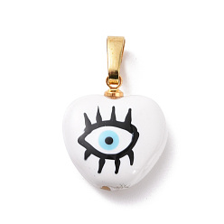 Белый Латунь эмаль подвески, золотые, сердце с сглаза, белые, 17x14.5x5 мм, отверстие : 6.3x3.7 мм