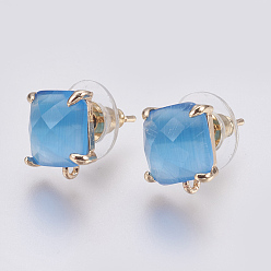 Deep Sky Blue Faceted Glass Stud Earring Findings, with Loop, Light Gold Plated Brass Findings, Square, Deep Sky Blue, 11x10x5mm, Hole: 1mm, Pin: 0.8mm