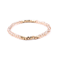 Pink Gold-tone Miyuki Elastic Crystal Beaded Bracelet with Acrylic Tube Beads
