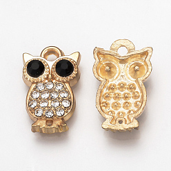 Light Gold Alloy Rhinestone Pendants, Owl, Colorful, Light Gold, 17x11x3.5mm, Hole: 1mm