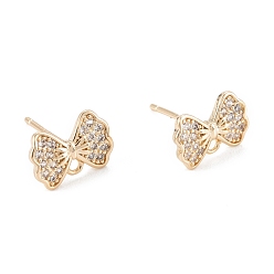 Real 14K Gold Plated Brass Micro Pave Clear Cubic Zirconia Stud Earring Findings, with 925 Sterling Silver Pin, with Loop, Bowknot, Real 14K Gold Plated, 7x10mm, Hole: 1.2mm, Pin: 0.7mm