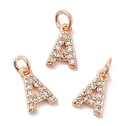 Real Rose Gold Plated Brass Micro Pave Grade AAA Cubic Zirconia Charms, Letter A, Cadmium Free & Nickel Free & Lead Free, Real Rose Gold Plated, 8.5x6x1.5mm, Hole: 2mm