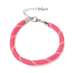 Hot Pink Braided Round Polyester Cord Bracelet Makings, with Brass Findings and 202 Stainless Steel Lobster Claw Clasps, Stainless Steel Color, Hot Pink, 7.28 inch(18.5cm)