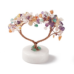 Mixed Stone Natural Gemstone Chips and Natural White Jade Pedestal Display Decorations, with Rose Gold Plated Brass Wires, Lucky Tree, 52~56x95~110x91~108mm