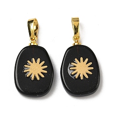 Обсидиан Природные подвески обсидиана, плоские овальные подвески золотистого оттенка 304 солнечные пластины из нержавеющей стали и латунные застежки-кнопки, 19~20.5x12~12.3x3.5~4 мм, отверстие : 6x3 мм
