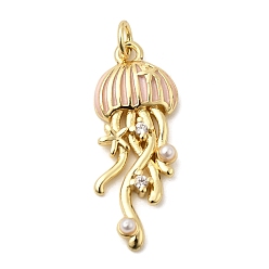 Pink Латунь эмаль подвески, с пластмассовой жемчужиной abs, с прыжковых колец, стойки покрытие, медуза, реальный 18 k позолоченный, розовые, 27x10.5x3 мм