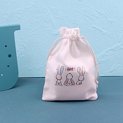 Rabbit Printed Cotton Cloth Storage Pouches, Rectangle Drawstring Bags, for Candy Gift Bags, White, Rabbit, 14x10cm