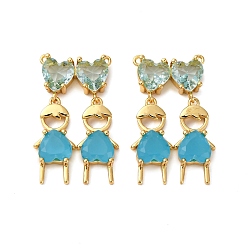 Небесно-голубой Латунные микро проложить кубического циркония подвески, Мальчик с сердцем, со стеклом, без кадмия и без свинца, реальный 18 k позолоченный, стойки покрытие, долговечный, голубой, 34x20.5x5.5 мм, отверстие : 1 мм