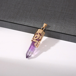 Amethyst Natural Amethyst Pointed Hexagonal Big Pendants, Golden Plated Alloy Faceted Bullet Charms, 53x13mm