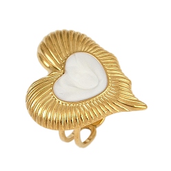 Белый Сердце 304 эмалированные перстни из нержавеющей стали для женщин, ионное покрытие (ip), реальный 18 k позолоченный, белые, Сердце: 27x24 mm, размер США 6 (16.5 мм)