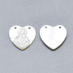 Seashell Color Natural White Shell Mother of Pearl Shell Pendants, Heart with Carved Virgin and Child, Seashell Color, 15x15x2mm, Hole: 0.8mm