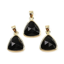 Обсидиан Природные подвески обсидиана, с фурнитурой латунной золотого тона, треугольные, граненые, 14x11.5x4.5 мм, отверстие : 2.5x3.5 мм