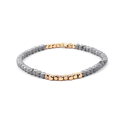 Gray Gold-tone Miyuki Elastic Crystal Beaded Bracelet with Acrylic Tube Beads
