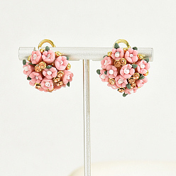 Pink Plastic 3D Flower Hoop Earrings with Cubic Zirconia, Real 18K Gold Plated Alloy Earrings, Pink, 20mm
