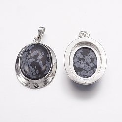 Snowflake Obsidian Natural Snowflake Obsidian Pendants, with Platinum Tone Alloy Findings, Oval, 37x25x10mm, Hole: 4x8mm