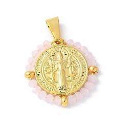 Розовый 304 подвески из нержавеющей стали, со стеклянными бусинами, ионное покрытие (ip), плоский круглый с шалфеем, реальный 18 k позолоченный, туманная роза, 27.5x28x3.5 мм, отверстие : 8x4 мм