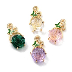 Mixed Color Rack Plating Brass Glass Pendants, with Clear Cubic Zirconia and Green Enamel, Real 18K Gold Plated, Rose, Mixed Color, 34x17x9mm, Hole: 5x2.7mm