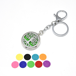 Random Single Color or Random Mixed Color Iron Diffuser Locket Keychain, with Alloy Findings, 304 Stainless Steel Findings and Random Single Color Non-Woven Fabric Cabochons Inside, Magnetic, Flat Round with Tree of Life, Random Single Color, 110mm