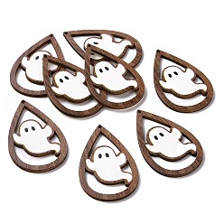 Ghost Halloween Theme Single Face Printed Aspen Wood Big Pendants, Teardrop Charm, Ghost Pattern, 54.5x34x2.5mm, Hole: 1.6mm