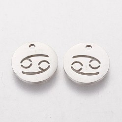 Cancer 304 Stainless Steel Charms, Flat Round with Constellation/Zodiac Sign, Cancer, 12x1mm, Hole: 1.5mm