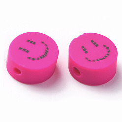 Фуксиновый Бусины из полимерной глины , для поделок ювелирных изделий, плоские круглые с улыбающееся лицо, красно-фиолетовые, 9x4~5 мм, отверстие : 1.6 мм