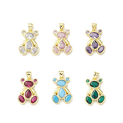 Mixed Color Rack Plating Brass Micro Pave Cubic Zirconia Pendants, Lead Free & Cadmium Free, Bear Charm, Real 18K Gold Plated, Mixed Color, 20x14.5x3mm, Hole: 4x3mm
