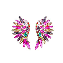 Colorful Sparkling Rhinestone Wings Stud Earrings, Golden Alloy Jewelry for Women, Colorful, 55x29mm