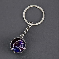 Taurus Luminous Glass Pendant Keychain, with Alloy Key Rings, Glow In The Dark, Round with Constellation, Taurus, 8.1cm