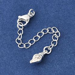 Серебро Удлинитель цепочки из латуни с микропаве и прозрачным кубическим цирконием, Цепочки с застежками-карабинами и подвеской в форме ракушки., серебряные, 73 мм, отверстие : 2.7 мм