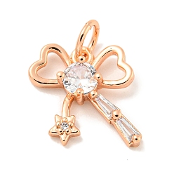 Розовое Золото Покрытие стойки латунь микропаве прозрачные подвески из кубического циркония, долговечный, с прыжковых колец, без свинца и без кадмия, бантом, розовое золото , 13x12x3 мм, отверстие : 3 мм