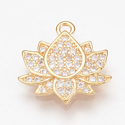 Clear Brass Micro Pave Cubic Zirconia Charms, Lotus, Nickel Free, Real 18K Gold Plated, Clear, 13x13x2mm, Hole: 1mm