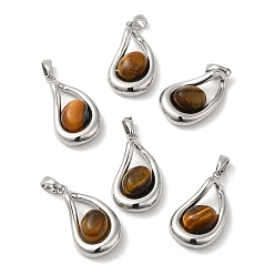 Real Platinum Plated Natural Tiger Eye Pendants, Brass Teardrop Charms, Real Platinum Plated, 21x13x6mm, Hole: 4.5x3mm