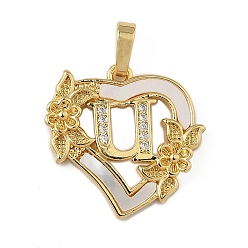 Letter U Латунь микропаве фианиты с подвесками-ракушками, Сердце и письмо, долговечный, без свинца и без кадмия, стойки покрытие, Буква U, 20x20.5x3 мм, отверстие : 3.5x5 мм