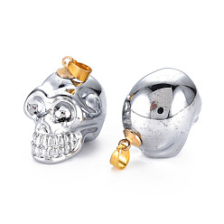 Platinum Plated Electroplate K9 Glass Pendants, with Golden Plated Brass Bails, Skull, Halloween, Platinum Plated, 25x26~27x19mm, Hole: 5x3mm