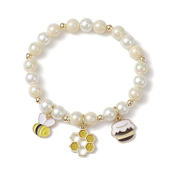 Golden Alloy Enamel Bee Charm Bracelets, with Acrylic and Glass Pearl Round Beads, Golden, Inner Diameter: 2 inch(5.1cm)