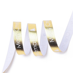 Gold 20 Yards Single Face Printed Polyester Satin Ribbon, for Wedding, Gift, Party Decoration, Word Merry Christmas, Gold, 5/8 inch(16mm), about 20.00 Yards(18.29m)/Roll