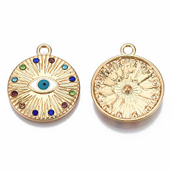 Light Gold Rack Plating Alloy Enamel Pendants, with Colorful Rhinestone, Cadmium Free & Nickel Free & Lead Free, Flat Round with Evil Eye, Light Gold, 24x20.5x3mm, Hole: 2mm