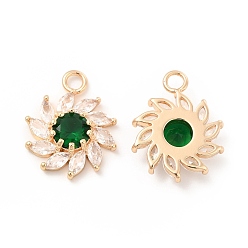 Emerald K9 Glass Pendants, with Light Gold Brass Finding, Flower Charms, Emerald, 20.5x16x4.5mm, Hole: 2.3mm