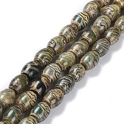 Lotus Pattern Tibetan Style dZi Beads Strands, Natural Agate Beads, Dyed & Heated, Oval, Lotus Pattern, 13~14x9.5~10mm, Hole: 1.2mm, about 25pcs/strand, 13.39''(34cm)