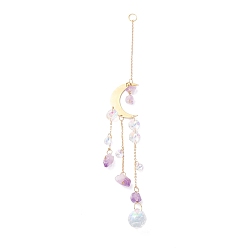 Golden Hanging Crystal Aurora Wind Chimes, with Prismatic Pendant, Moon-shaped Iron Link and Natural Amethyst, for Home Window Lighting Decoration, Golden, 280mm