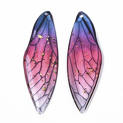 Blue Transparent Epoxy Resin Big Pendants, with Gold Foil, Insects Wing, Blue, 51x16.5x1~2.5mm, Hole: 1.2mm