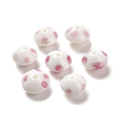 Pale Violet Red Handmade Lampwork Beads, Rondelle with Polka Dots Pattern, Pale Violet Red, 14x9mm, Hole: 1mm