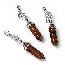 Mahogany Obsidian Natural Mahogany Obsidian Double Terminated Pointed Big Pendants, with Platinum Tone Brass Findings, Cadmium Free & Lead Free, Moon with Fairy & Bullet, Faceted, 62~66mm